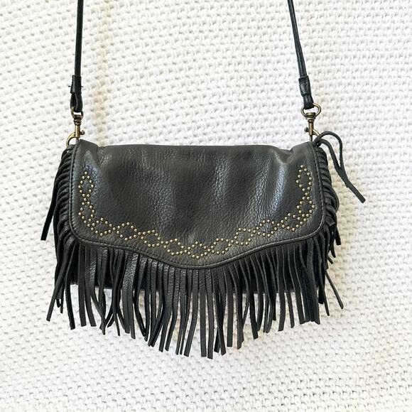 Lucky Brand Black Leather Fringe Slim Brass Stud Convertible Crossbody Clutch - Picture 1 of 9